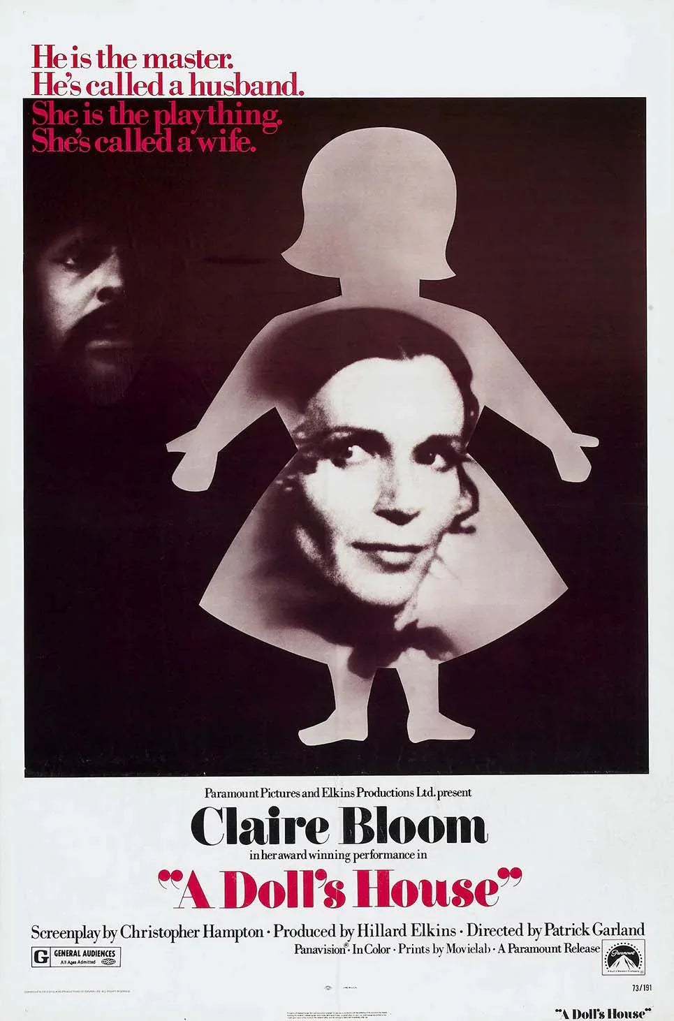 Original movie poster for A Doll's House (1973) featuring Claire Bloom's face within a doll silhouette and a shadow of a man in the dark background.