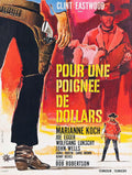 French A Fistful of Dollars movie poster featuring Clint Eastwood carrying a woman, close-up of a gun in a holster, and a smaller full-figure image of the Man with No Name.