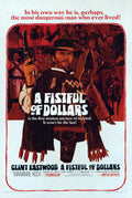Original illustrated movie poster for A Fistful of Dollars, showing Clint Eastwood in a poncho holding a gun, against a dramatic red backdrop.