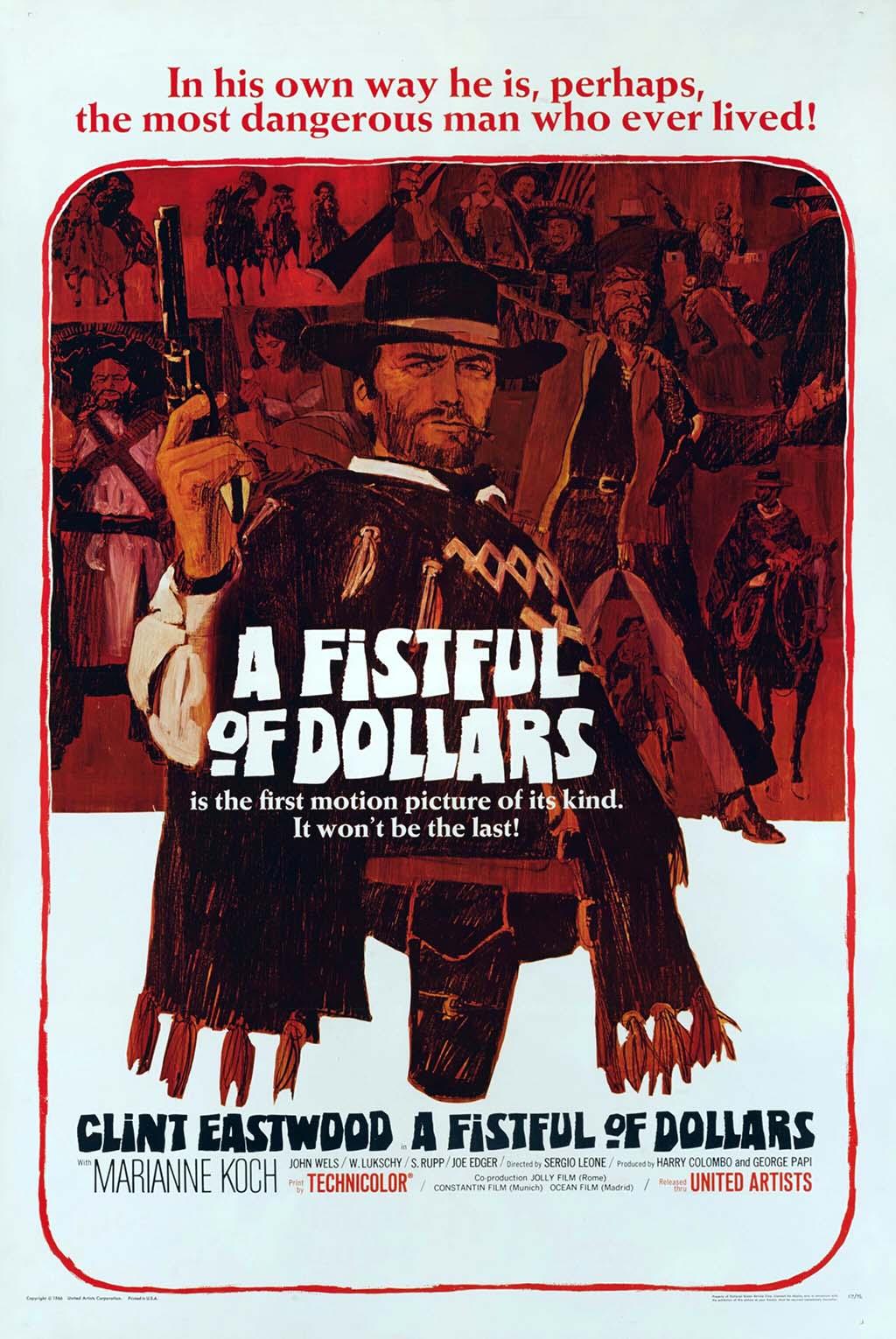 Original illustrated movie poster for A Fistful of Dollars, showing Clint Eastwood in a poncho holding a gun, against a dramatic red backdrop.