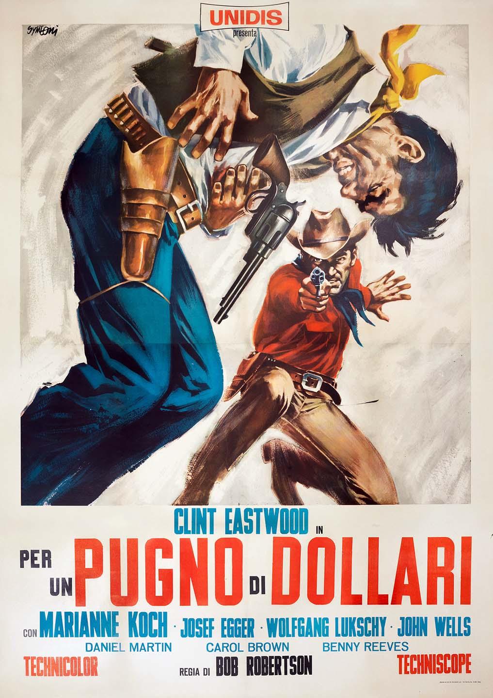 Dramatic Italian poster artwork for A Fistful of Dollars, showing two cowboys drawing revolvers in a tense, painted standoff.
