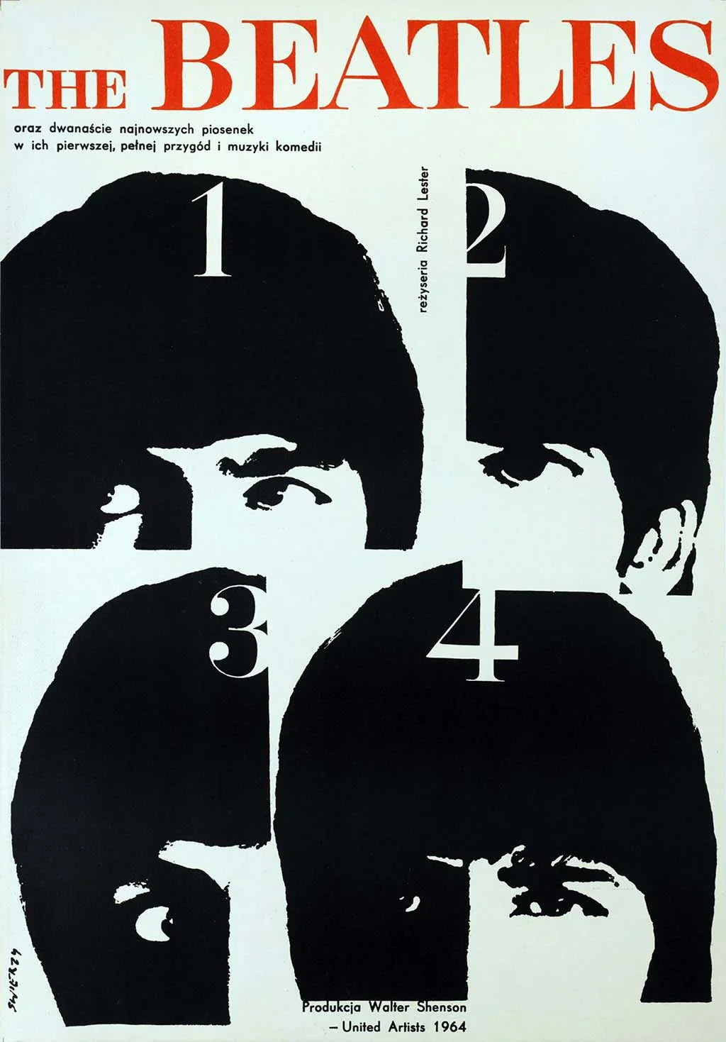High-contrast Polish poster for The Beatles' film A Hard Day's Night, showing stylized black silhouettes of the four band members numbered 1 through 4.