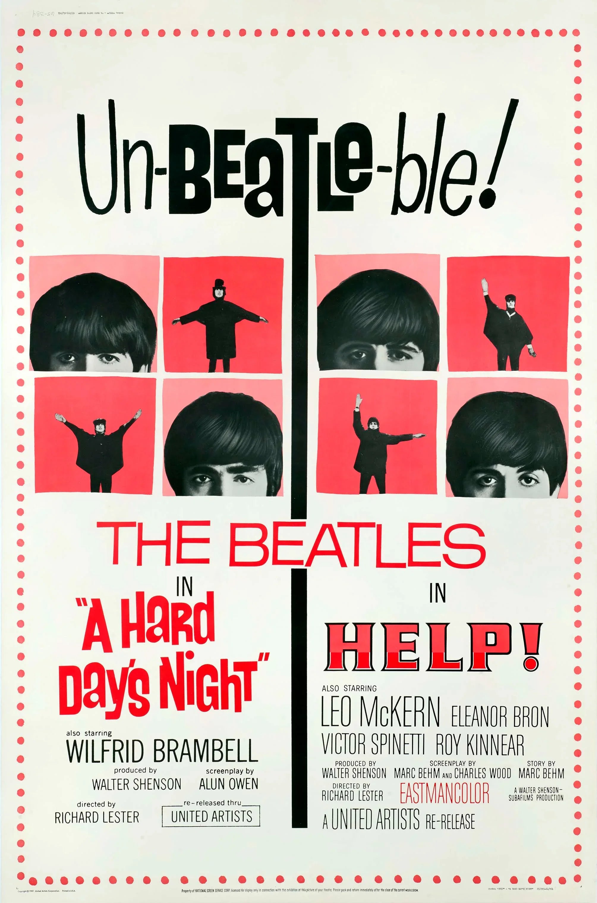 Vintage 1965 double feature movie poster for The Beatles films, A Hard Day's Night and Help!, featuring stylized black and white photos on red squares.