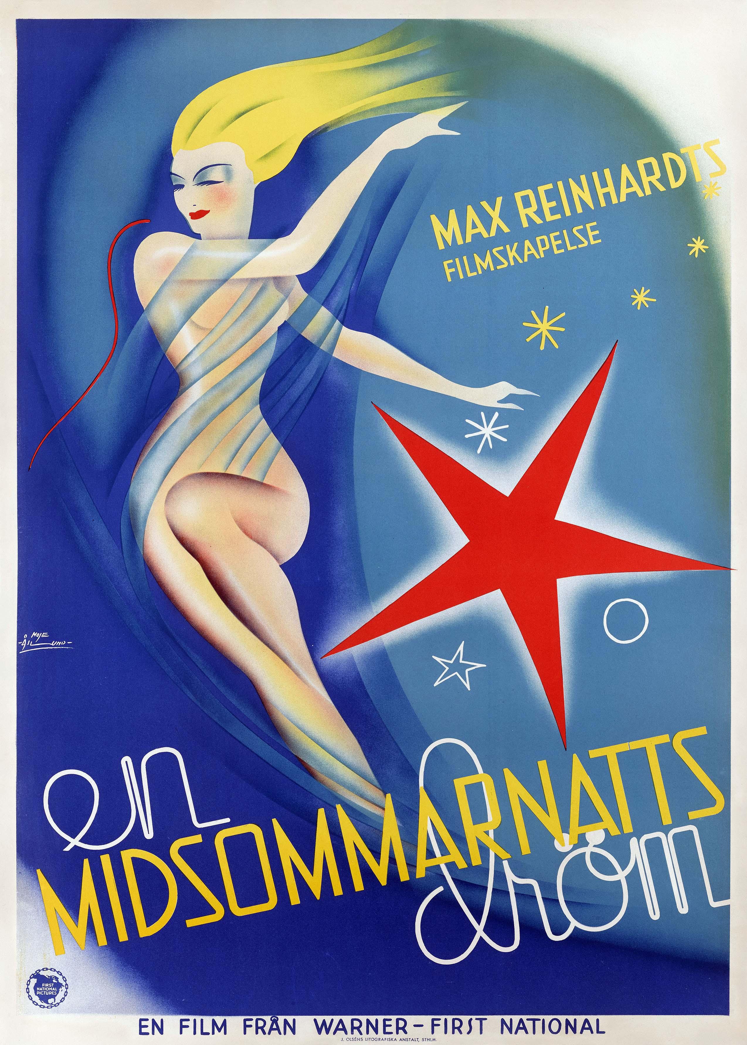 Swedish Art Deco movie poster for A Midsummer Night's Dream (1935) featuring a stylized nude figure, flowing blonde hair, and a large red star against a deep blue background.