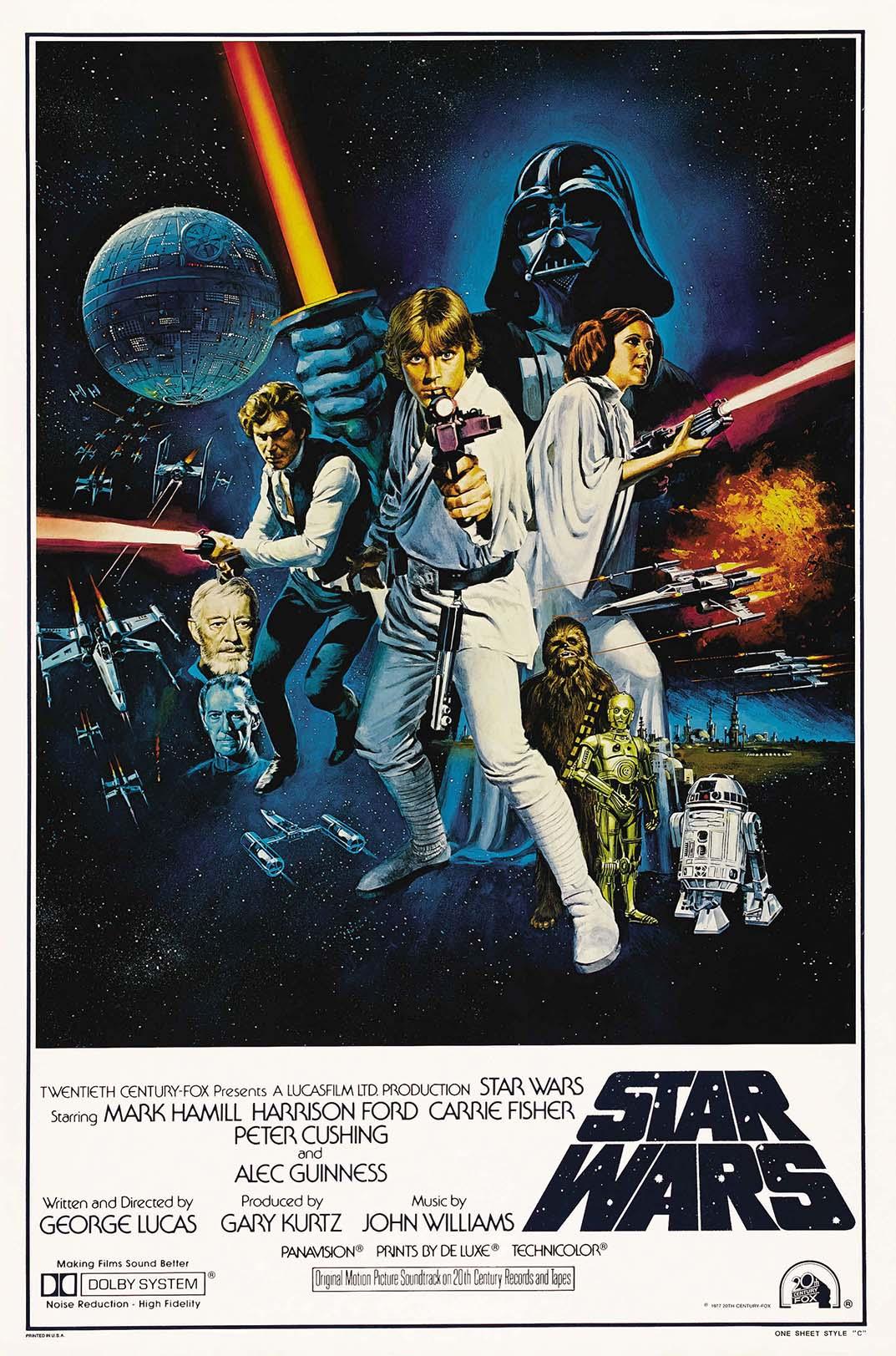 Star Wars A New Hope 1977 movie poster featuring Luke Skywalker, Han Solo, Princess Leia, and Darth Vader in space with the Death Star and X-Wings.