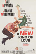 Classic illustrated poster for A New Kind of Love (1963) showing Paul Newman holding Joanne Woodward in a dynamic, romantic pose on a white background.