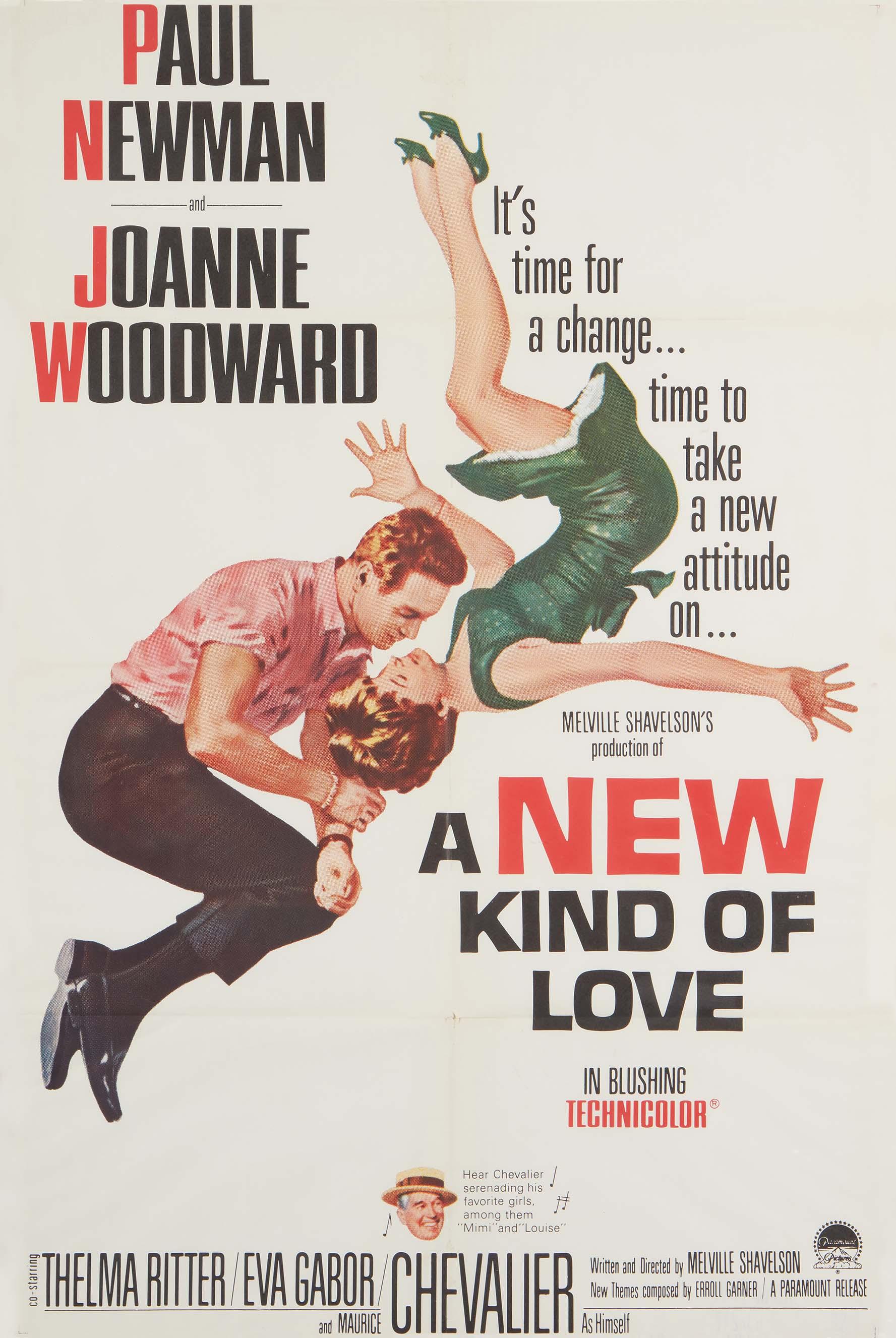 Classic illustrated poster for A New Kind of Love (1963) showing Paul Newman holding Joanne Woodward in a dynamic, romantic pose on a white background.