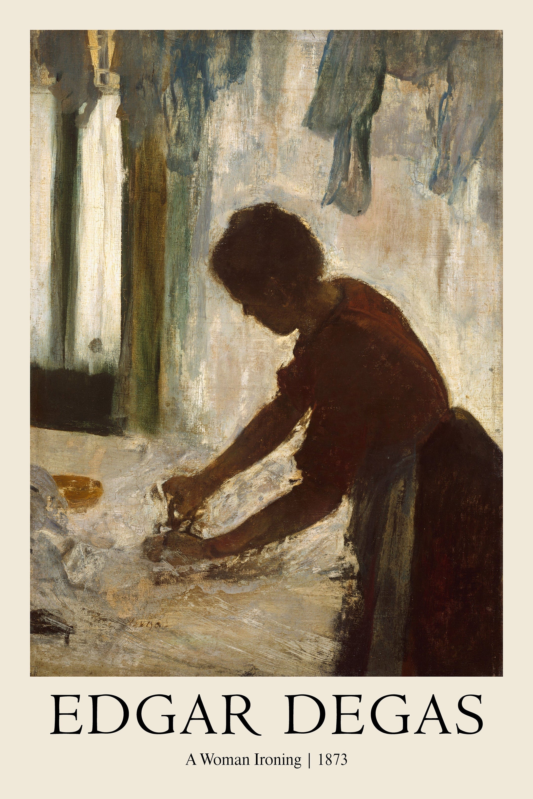 Edgar Degas painting, "A Woman Ironing" (1873), depicting a working-class woman leaning over an ironing board in deep, moody Impressionist colors.