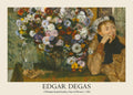 Edgar Degas oil painting reproduction: A seated woman looks away from a huge vase overflowing with colorful chrysanthemums and asters. 1865 French fine art.
