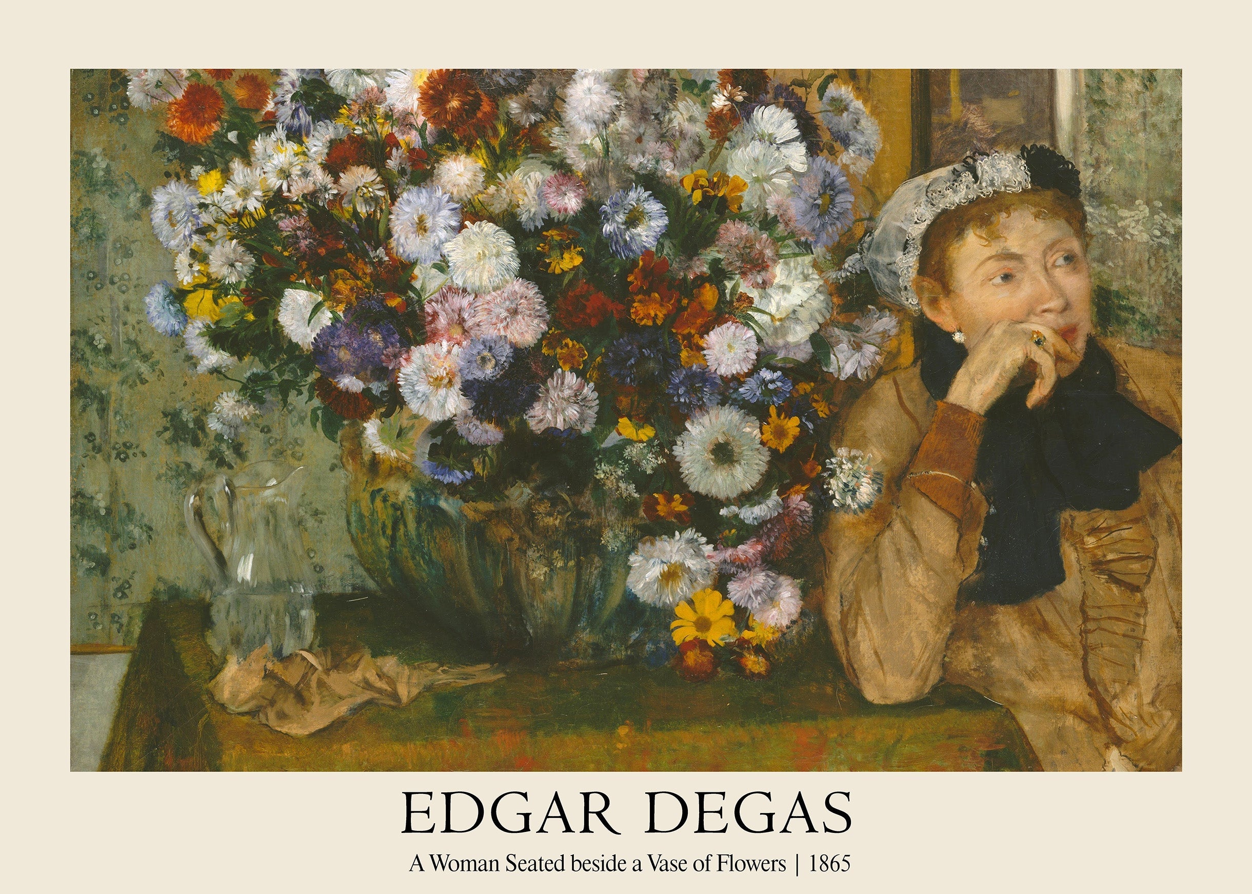 Edgar Degas oil painting reproduction: A seated woman looks away from a huge vase overflowing with colorful chrysanthemums and asters. 1865 French fine art.