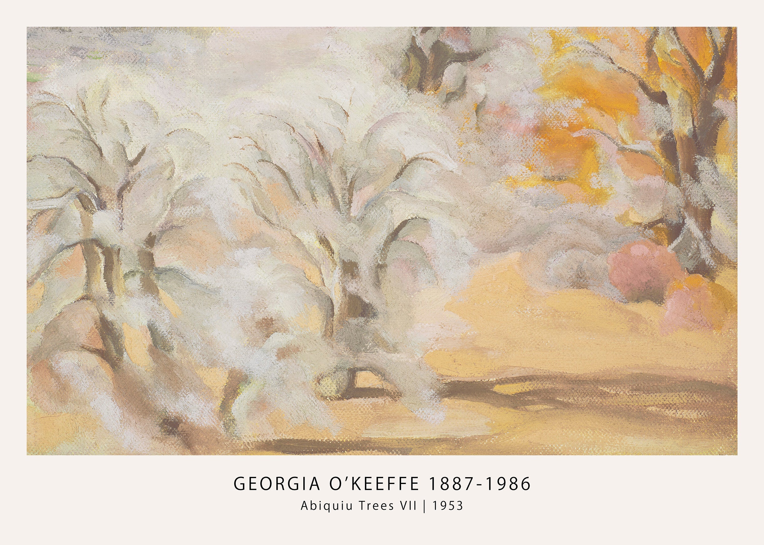Georgia O'Keeffe's 1953 painting "Abiquiu Trees VII," showing abstracted trees in pale cream and white against a warm New Mexico desert background.