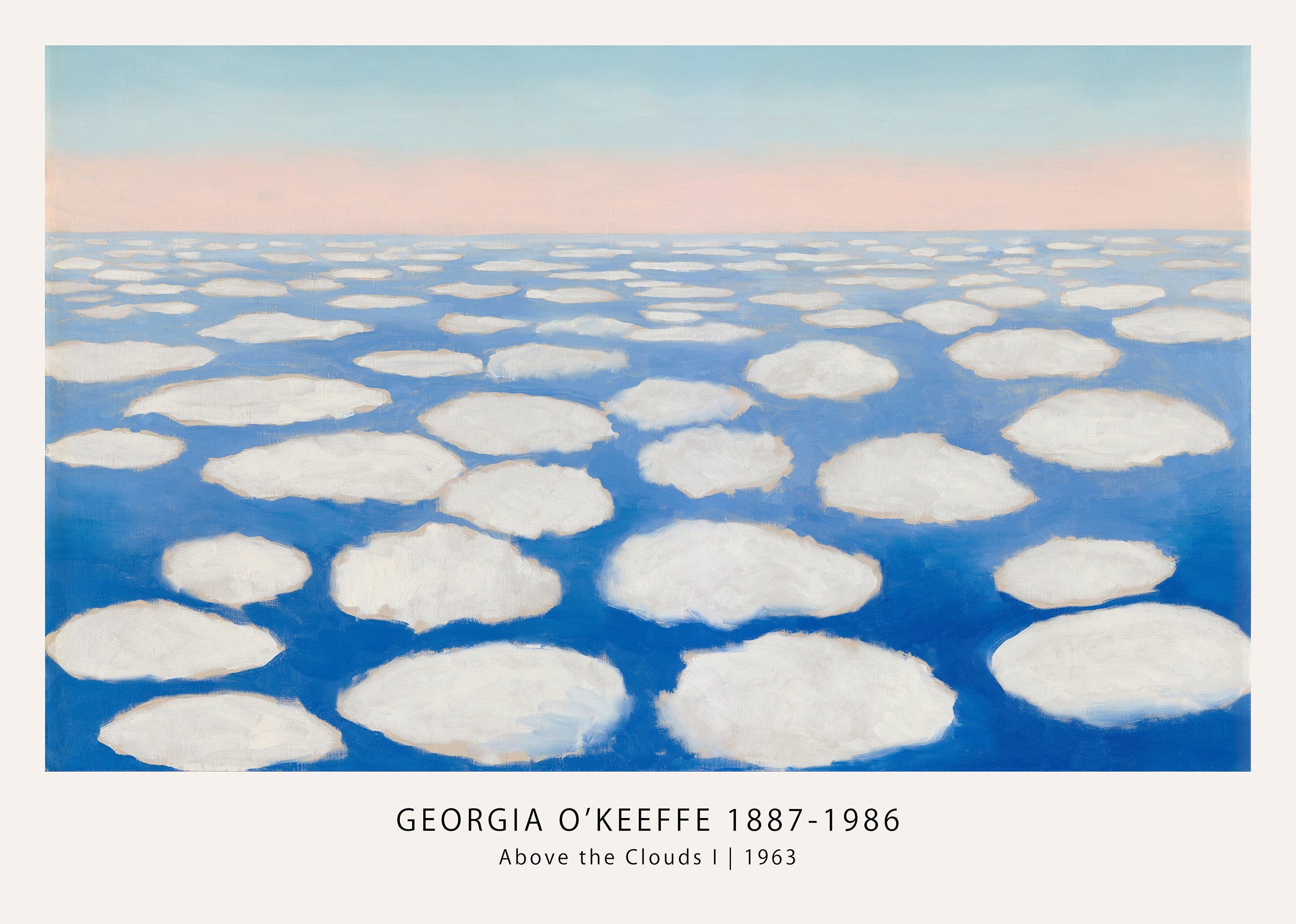 Georgia O'Keeffe painting titled Above the Clouds I (1963), featuring white puffy clouds against a deep blue sky and soft pink horizon.