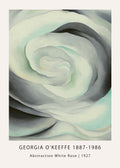 Close-up reproduction of Georgia O'Keeffe's "Abstraction White Rose" painting, showing swirling folds of light green, cream, and gray modernist petals.