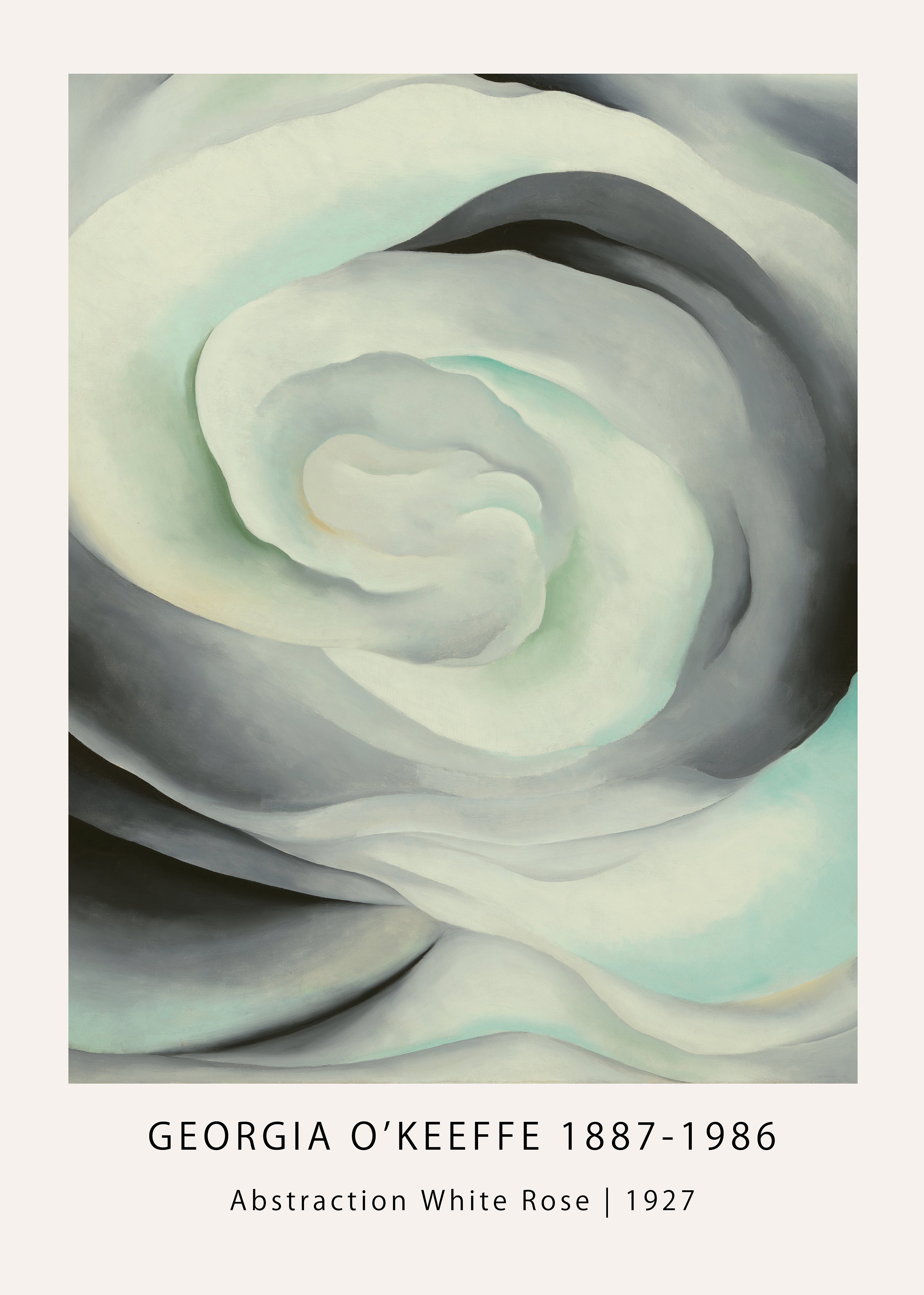 Close-up reproduction of Georgia O'Keeffe's "Abstraction White Rose" painting, showing swirling folds of light green, cream, and gray modernist petals.