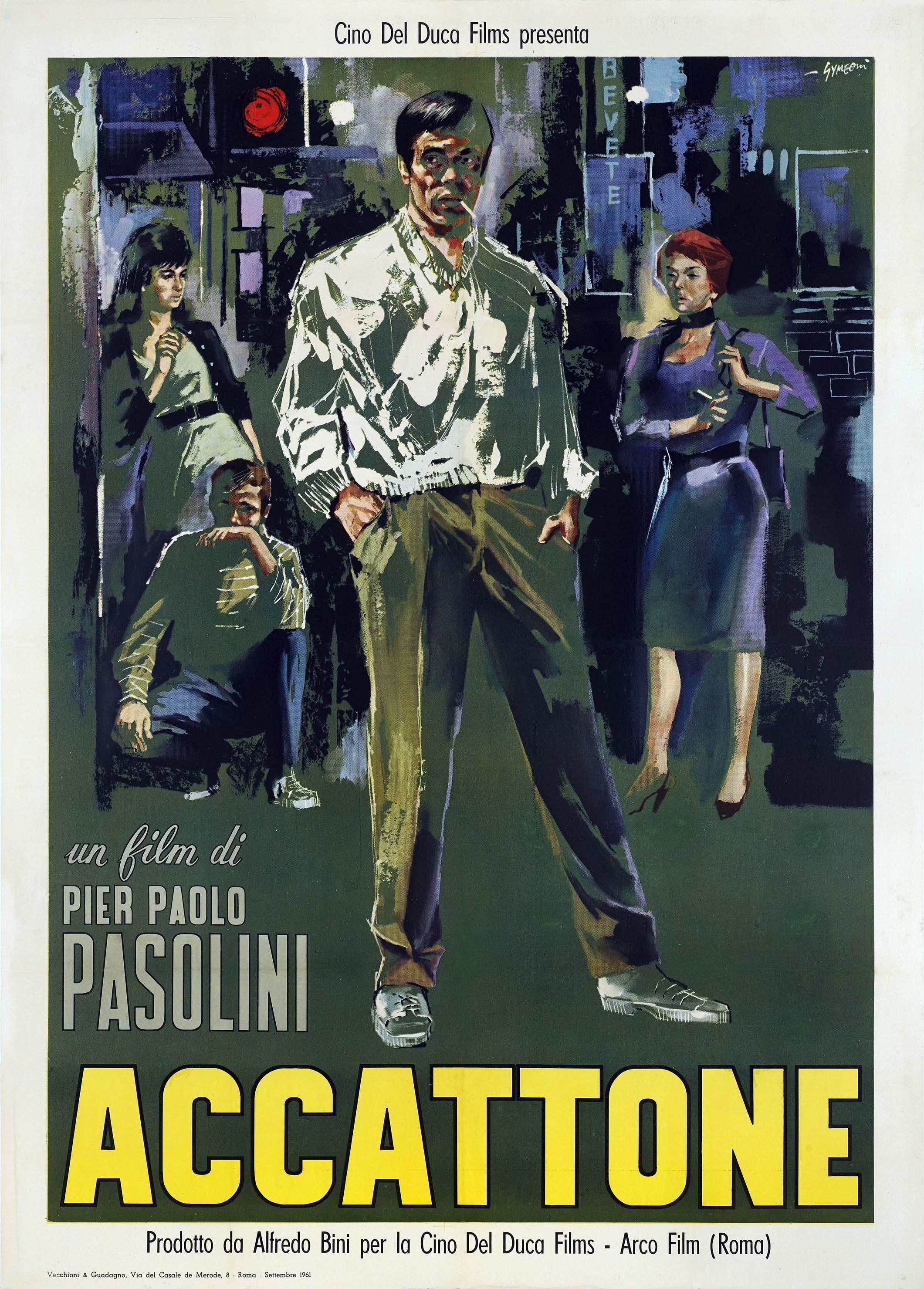 Original 1961 Accattone Italian movie poster illustration featuring the main character standing dramatically amongst supporting figures, directed by Pier Paolo Pasolini.