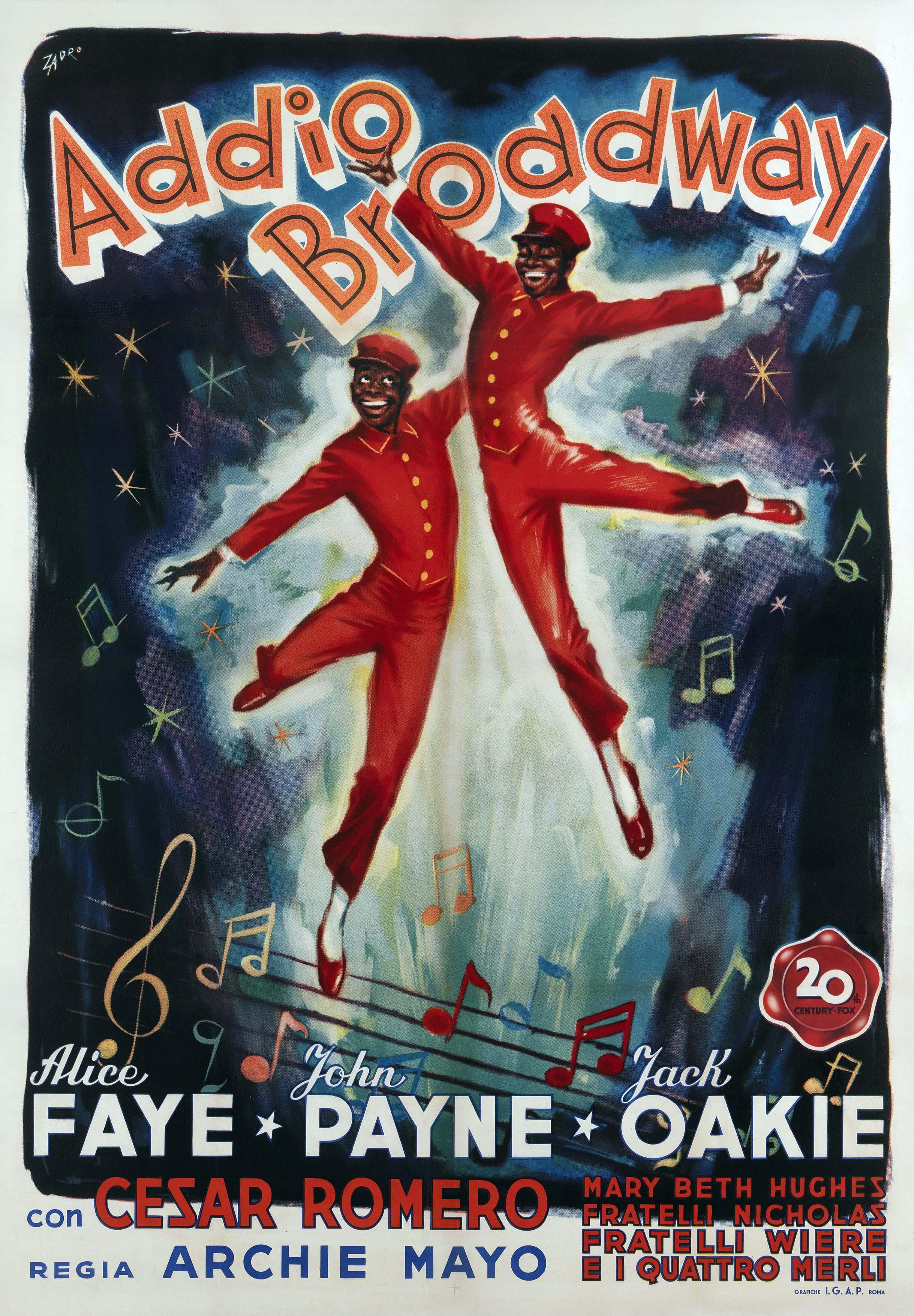 Italian movie poster for Addio Broadway (The Great American Broadcast, 1941) showing two dancers in red uniforms suspended mid-air against a starry, dark background with musical notes.