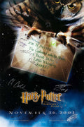 Advance movie poster for Harry Potter and the Sorcerer's Stone showing an owl delivering the Hogwarts acceptance letter, overlaid with replica signatures.