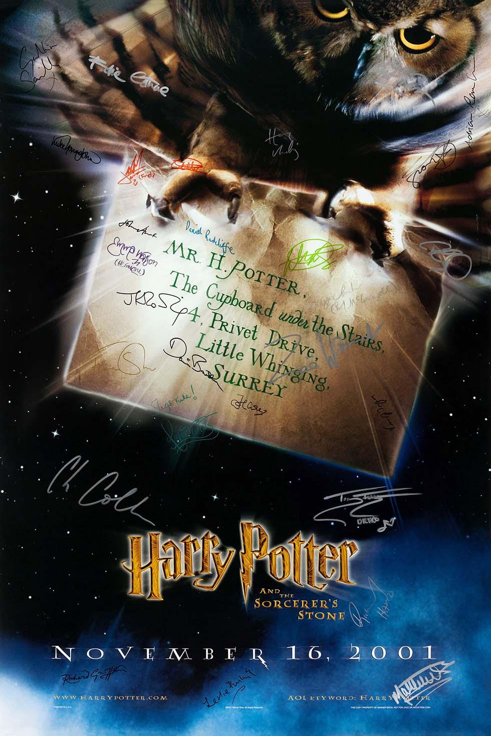 Advance movie poster for Harry Potter and the Sorcerer's Stone showing an owl delivering the Hogwarts acceptance letter, overlaid with replica signatures.