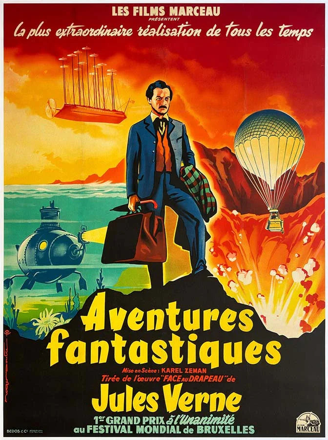 Vintage French movie poster for 'Aventures Fantastiques Jules Verne' showing a man, a submarine, and flying vehicles against a fiery sky.