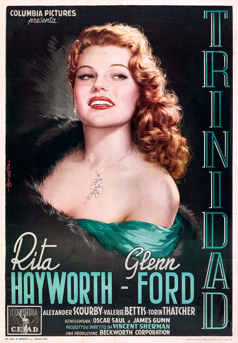 Italian poster for Affair in Trinidad featuring a seductive close-up portrait of Rita Hayworth in a green dress and fur stole against a black background.