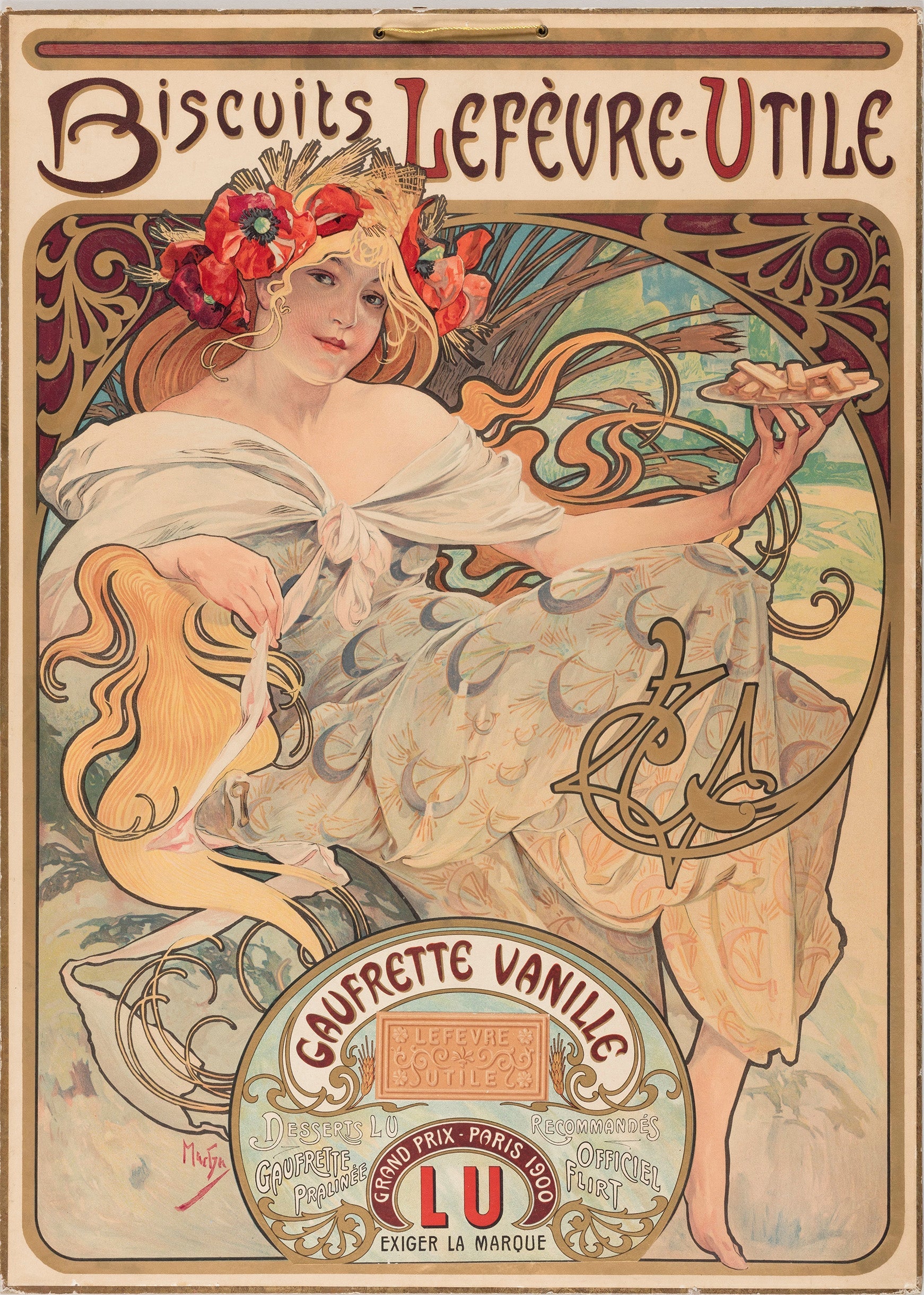 Iconic Alphonse Mucha style vintage French advertisement for LU Biscuits, featuring an Art Nouveau woman wearing a crown of red poppies and holding vanilla wafers.