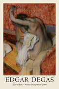 Edgar Degas' 1895 pastel painting, "Woman Drying Herself," featuring a nude figure against a vibrant red and orange background.