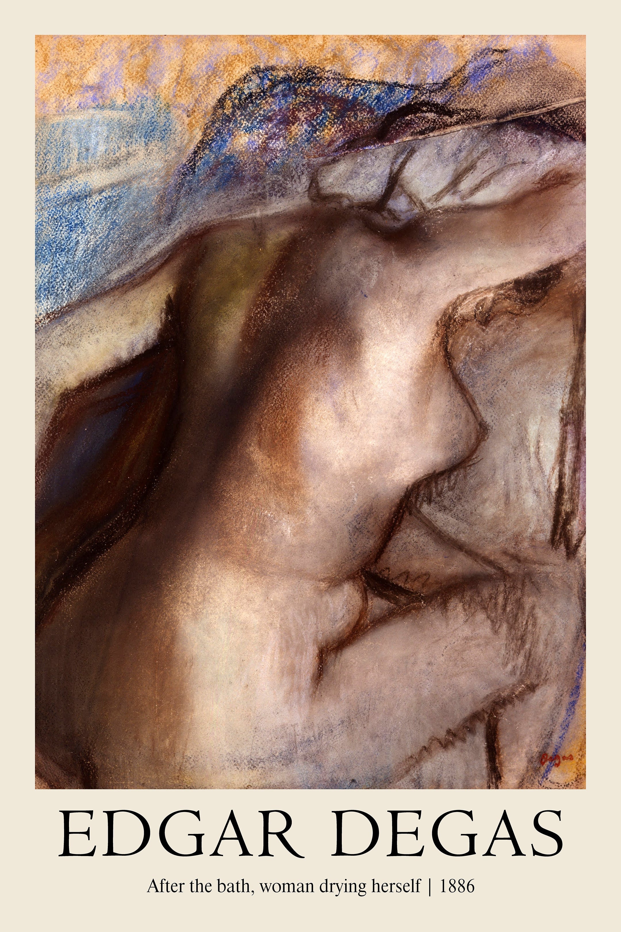 Close-up of the pastel artwork by Edgar Degas, "Woman Drying Herself," showing the nude female form rendered in warm brown and blue tones.