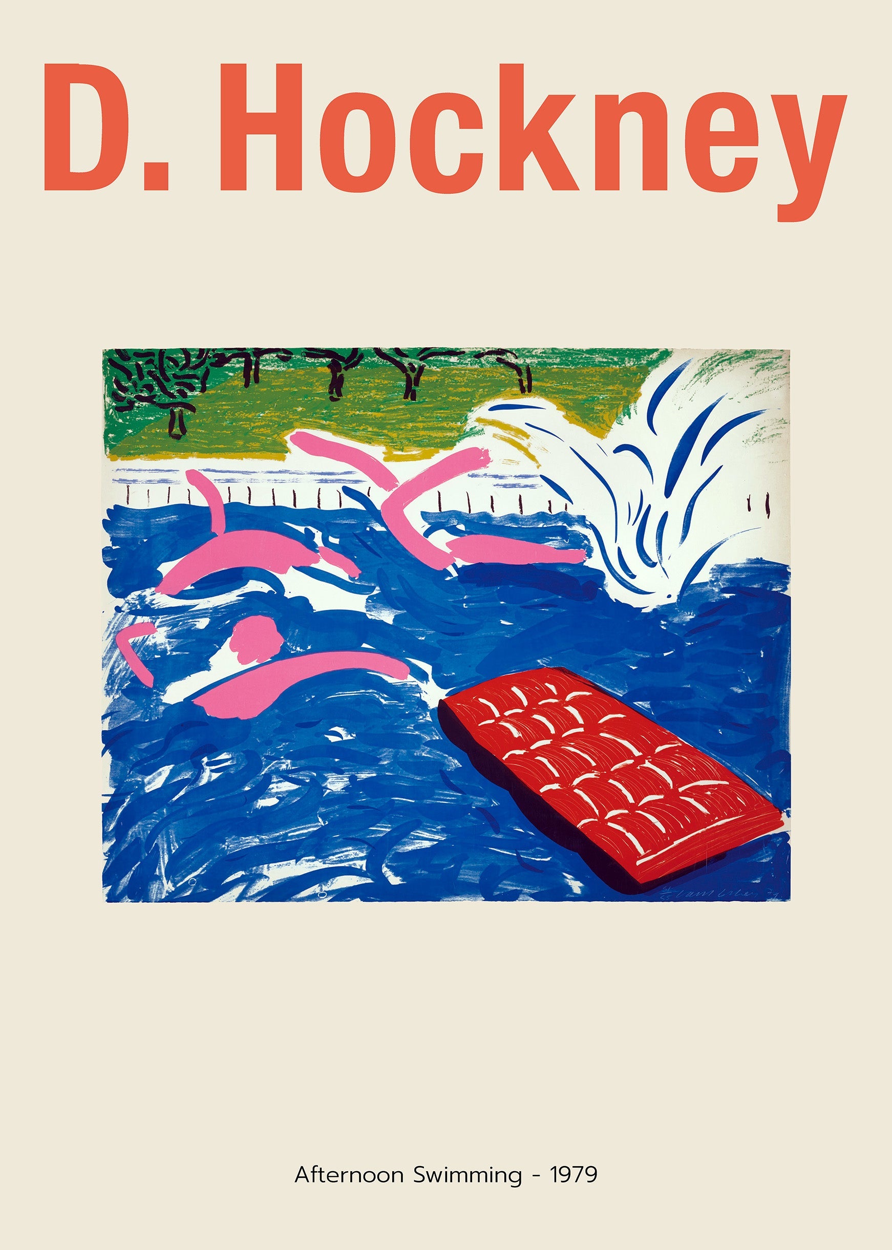 Exhibition poster for David Hockney's "Afternoon Swimming" (1979) showing abstract pink figures and a red float in a vibrant blue pool.