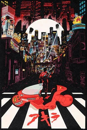 Akira-inspired cityscape with red motorcycle and figure under large moon in futuristic nighttime urban scene