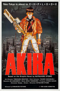 Kaneda holding a laser rifle in front of the skyline of Neo-Tokyo on the classic Akira 1988 anime movie poster, with the red title block visible.