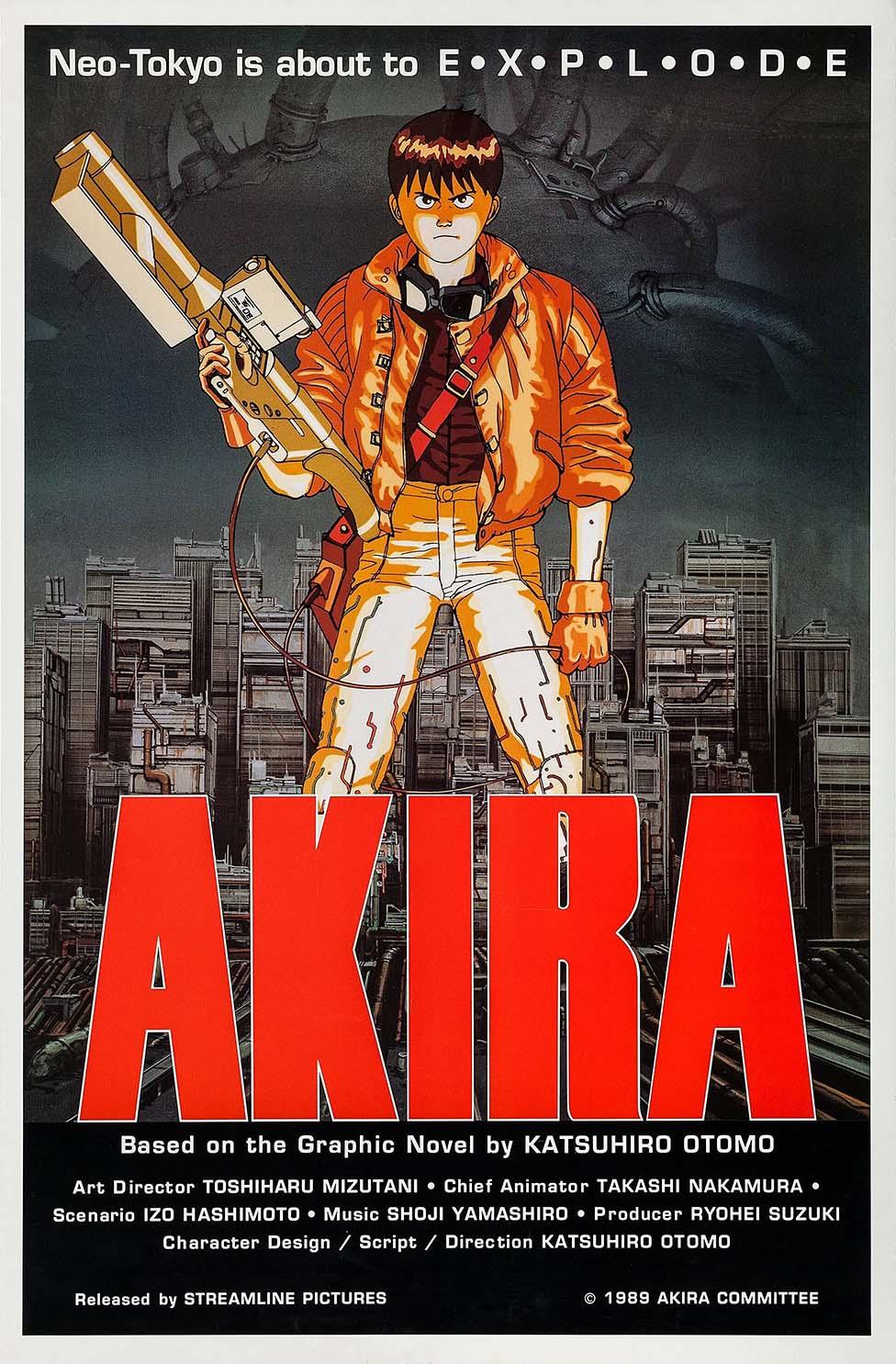Kaneda holding a laser rifle in front of the skyline of Neo-Tokyo on the classic Akira 1988 anime movie poster, with the red title block visible.