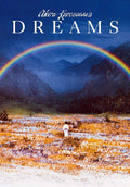 Key art for Akira Kurosawa's Dreams (1990) featuring a lone figure walking across a golden field toward mountains beneath a vibrant rainbow.
