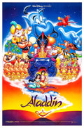 Original theatrical movie poster for Disney's Aladdin (1992) featuring Aladdin, Jasmine, Genie, Jafar, and Abu flying on the magic carpet.