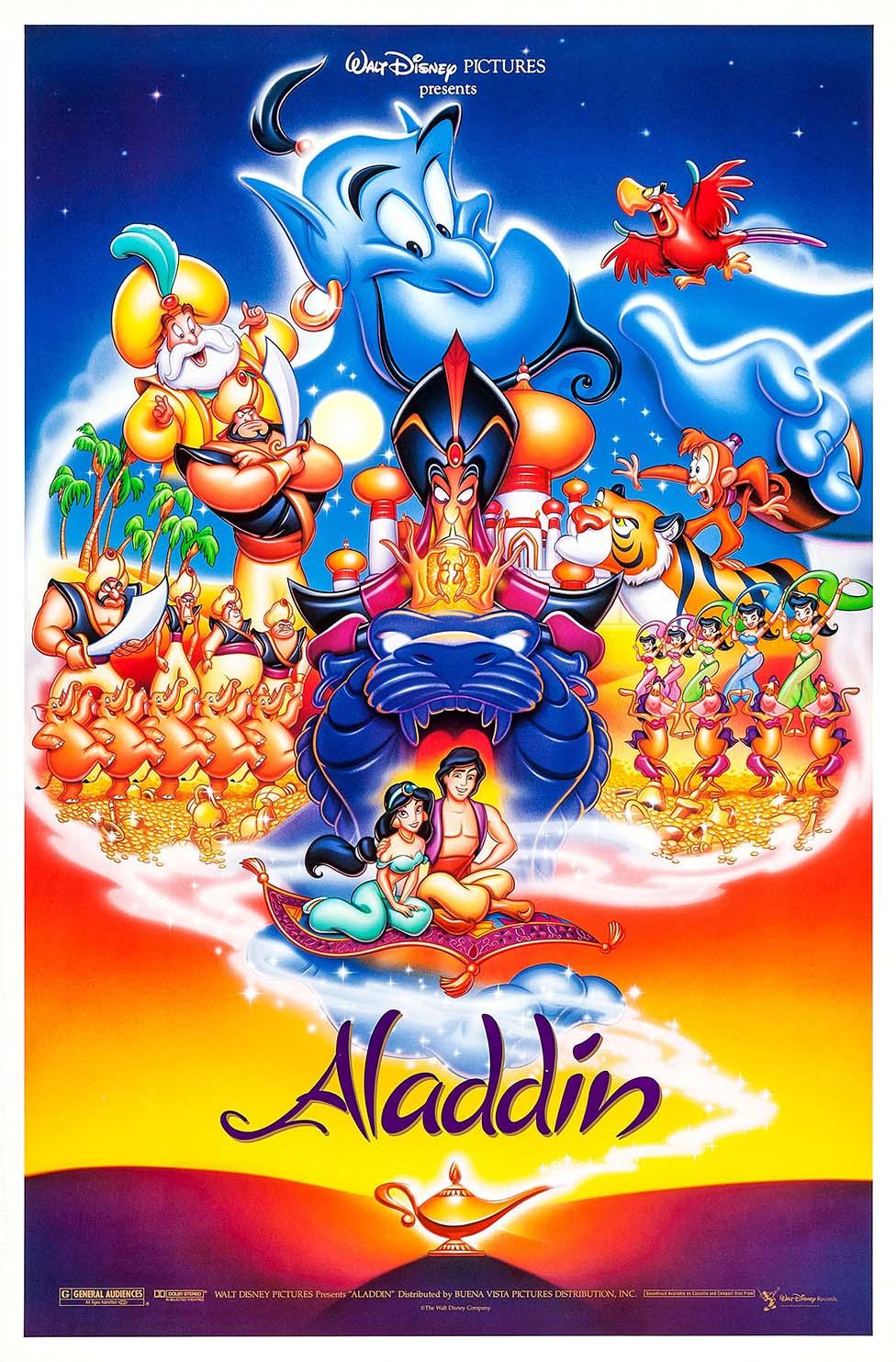 Original theatrical movie poster for Disney's Aladdin (1992) featuring Aladdin, Jasmine, Genie, Jafar, and Abu flying on the magic carpet.