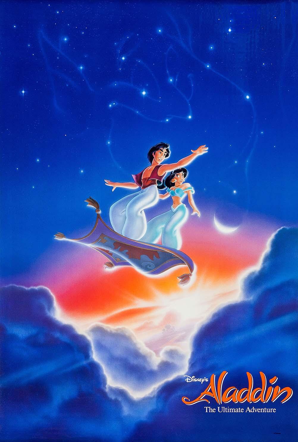 Original Disney Aladdin 1992 movie poster showing Aladdin and Princess Jasmine flying on the magic carpet under a starry night sky.