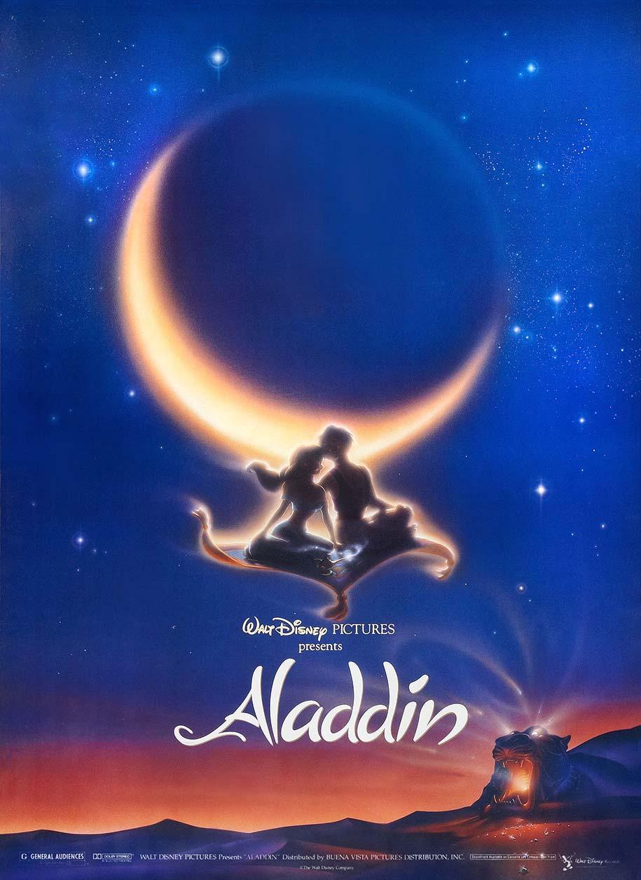 Original poster art for Disney's Aladdin (1992) showing the silhouettes of Aladdin and Jasmine flying on the magic carpet under a crescent moon and starry night sky.