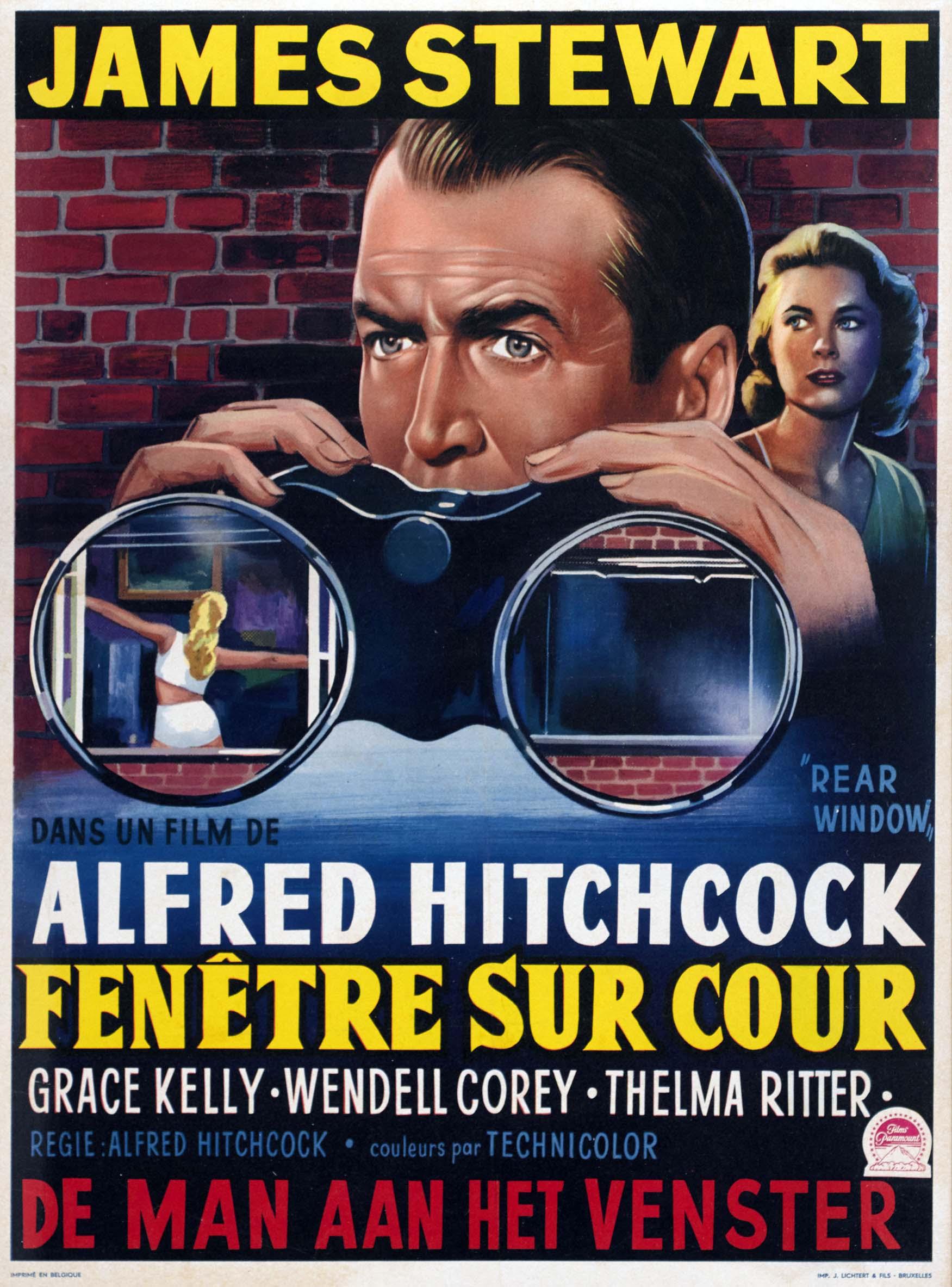 Vintage Belgian poster for Alfred Hitchcock's Rear Window showing James Stewart spying through large binoculars, with Grace Kelly watching in the background.