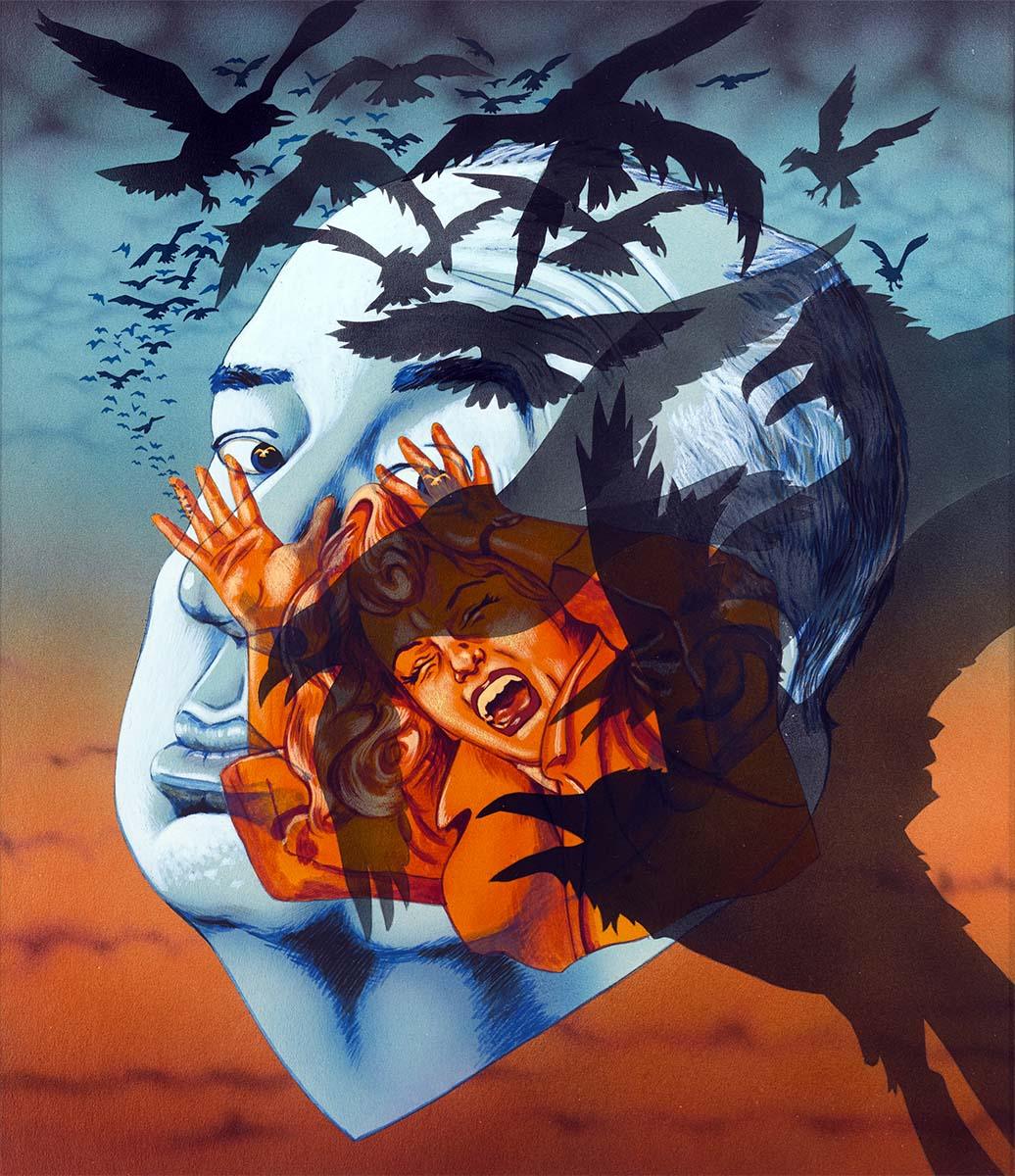 Surreal movie poster art for Alfred Hitchcock's The Birds, featuring a screaming woman overlaid on a pale face, surrounded by attacking black birds.