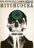 Iconic Polish poster for Hitchcock's Vertigo featuring a stark black and white skull in a suit with dizzying concentric circles on the forehead.