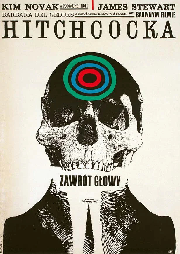 Iconic Polish poster for Hitchcock's Vertigo featuring a stark black and white skull in a suit with dizzying concentric circles on the forehead.