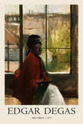 Oil painting by Edgar Degas (1872) titled Alice Villette, showing a woman in a black hat and bright red shawl looking out a large window.