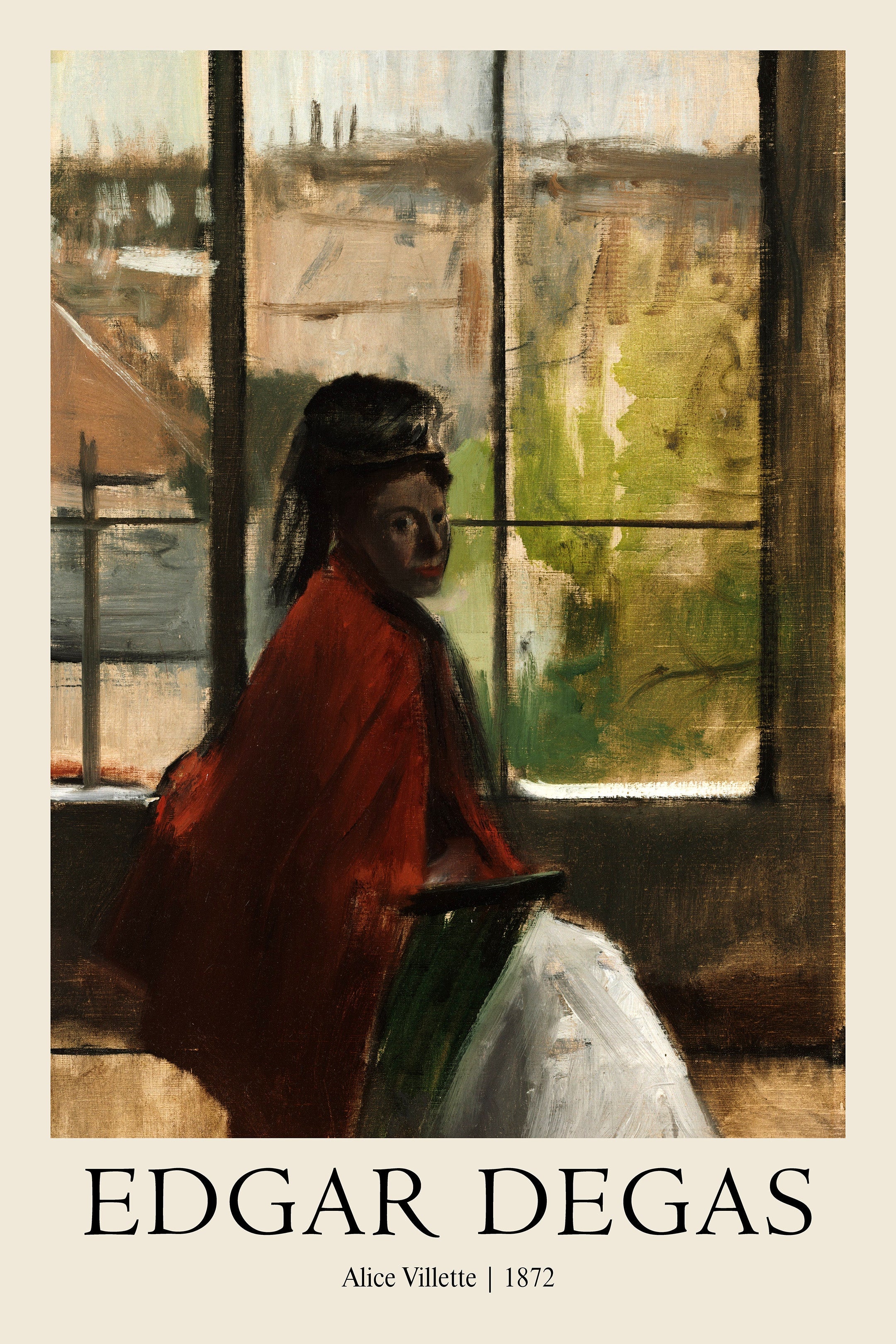 Oil painting by Edgar Degas (1872) titled Alice Villette, showing a woman in a black hat and bright red shawl looking out a large window.