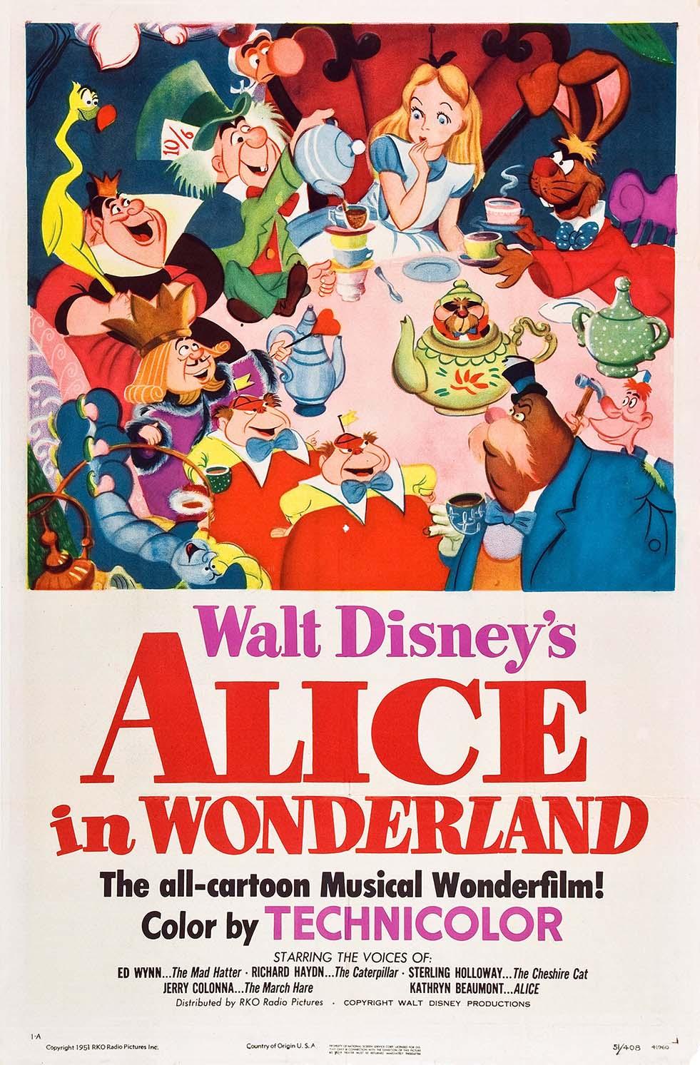 Walt Disney's Alice in Wonderland (1951) original movie poster showing Alice at the Mad Tea Party with the Mad Hatter, March Hare, and other characters in vibrant color.