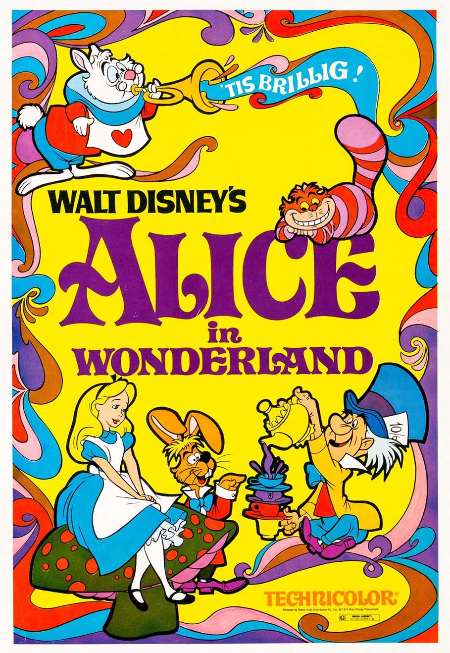 Psychedelic 1974 movie poster for Walt Disney's Alice in Wonderland featuring Alice, Mad Hatter, and Cheshire Cat on a bright yellow background.
