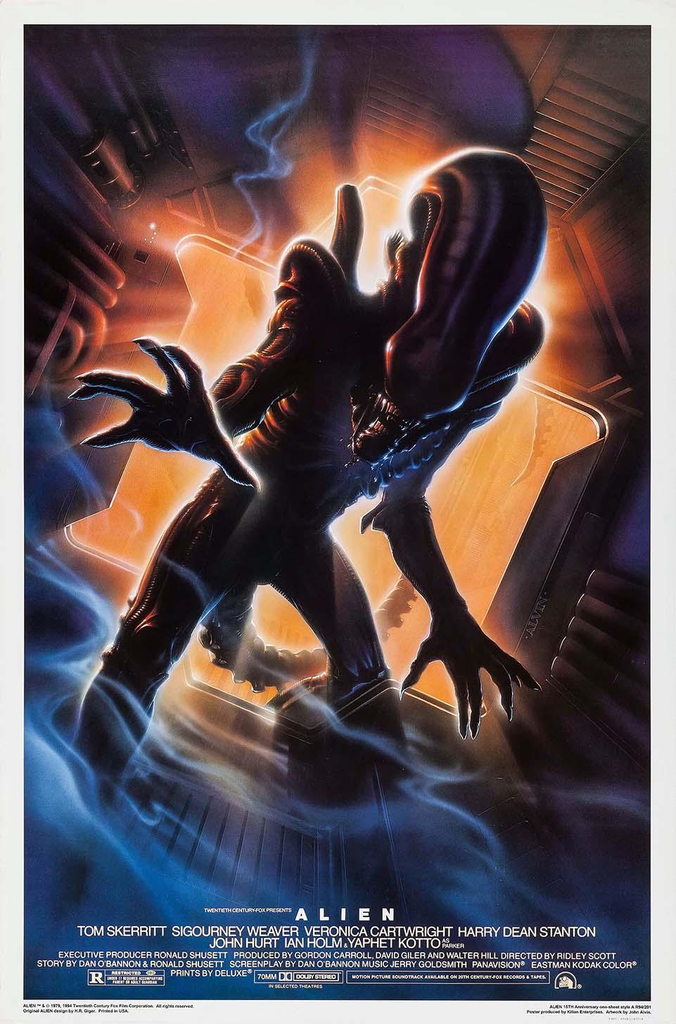 Iconic Alien 1979 movie poster showing the full Xenomorph creature design by H.R. Giger glowing orange and blue against the starship interior.