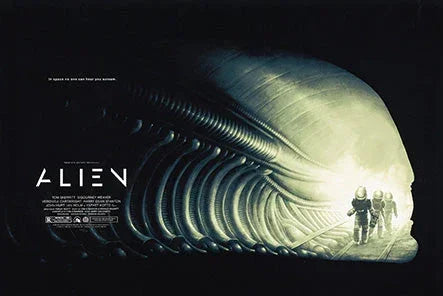 Sci-fi Alien movie poster featuring astronauts exploring a dark, futuristic tunnel with biomechanical design