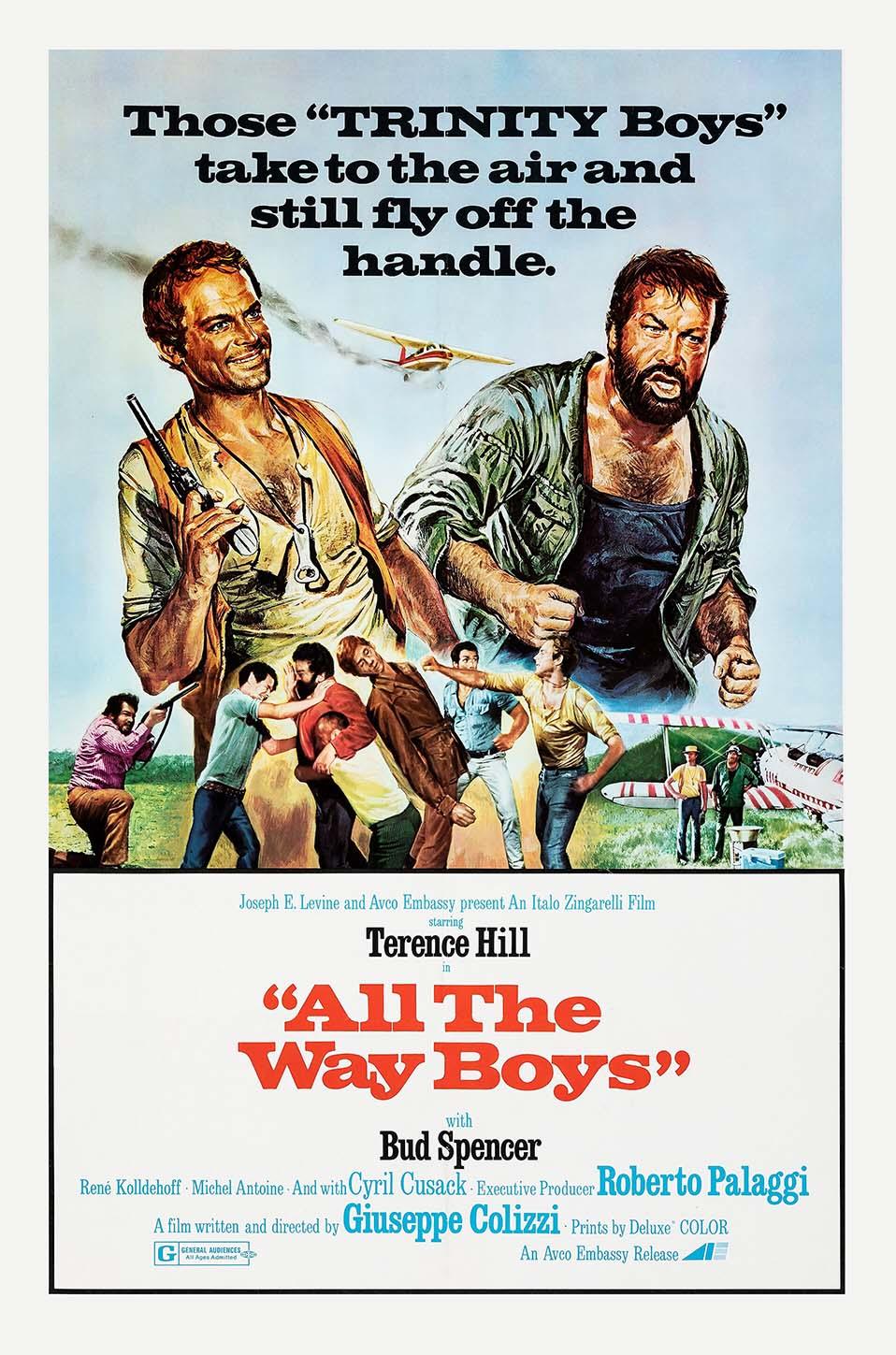 Original movie poster for "All The Way Boys" showing Terence Hill and Bud Spencer fighting a group of men with a small airplane flying above, against a pale blue sky.