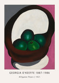 Abstract painting by Georgia O'Keeffe (1921) featuring vibrant green avocados in a dramatic, dark still life composition with a bright magenta background.