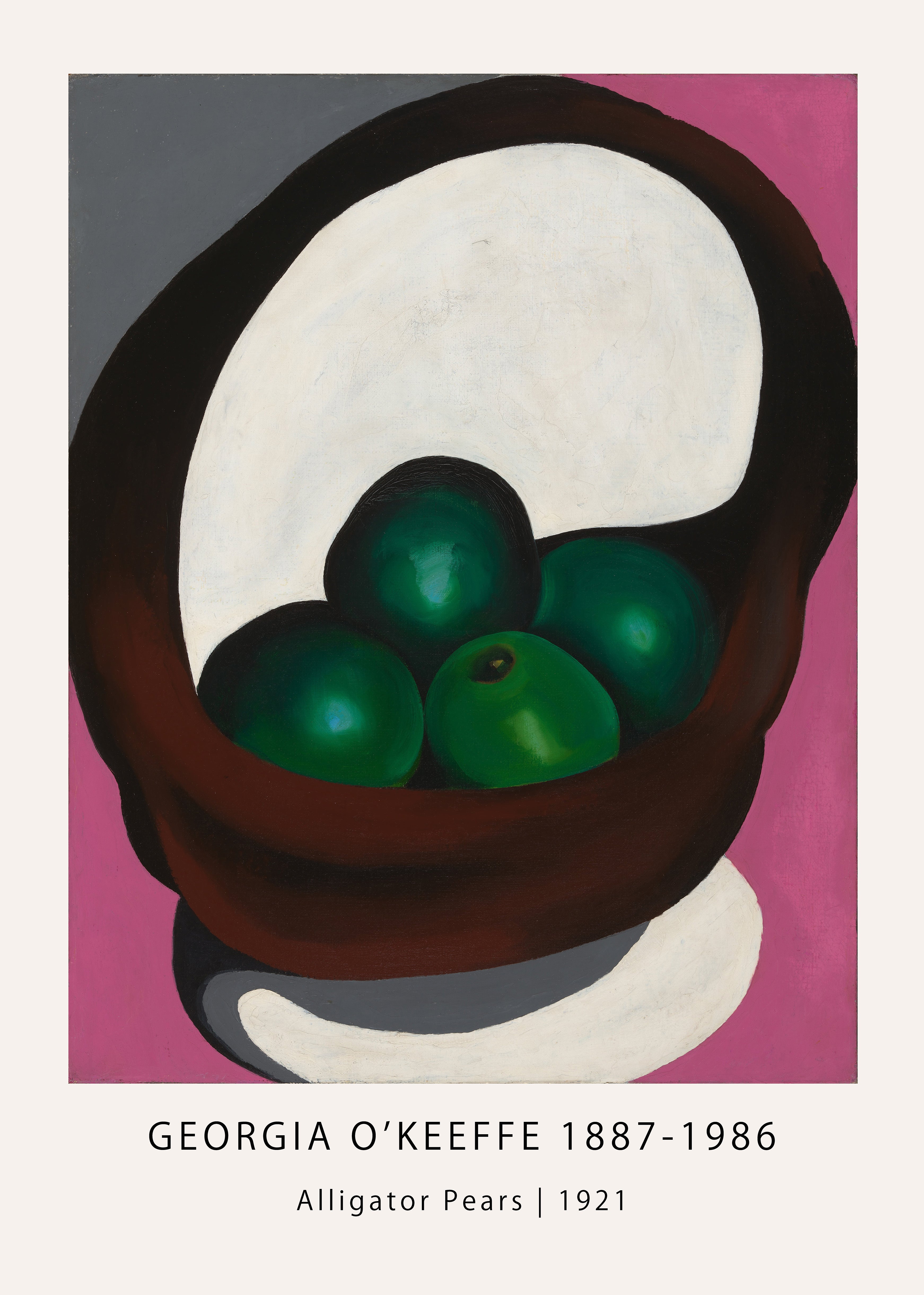 Abstract painting by Georgia O'Keeffe (1921) featuring vibrant green avocados in a dramatic, dark still life composition with a bright magenta background.