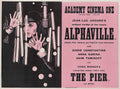 British movie poster for Alphaville (1965), showing Anna Karina's face in black and pink, framed by vertical white light bars.